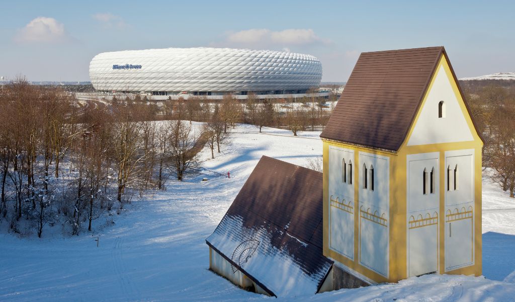 The Allianz Arena and architectural sculpture Sunken Village in Munich (Image credit: Diego Delso, delso.photo, License CC BY-SA, via WikiCommons
